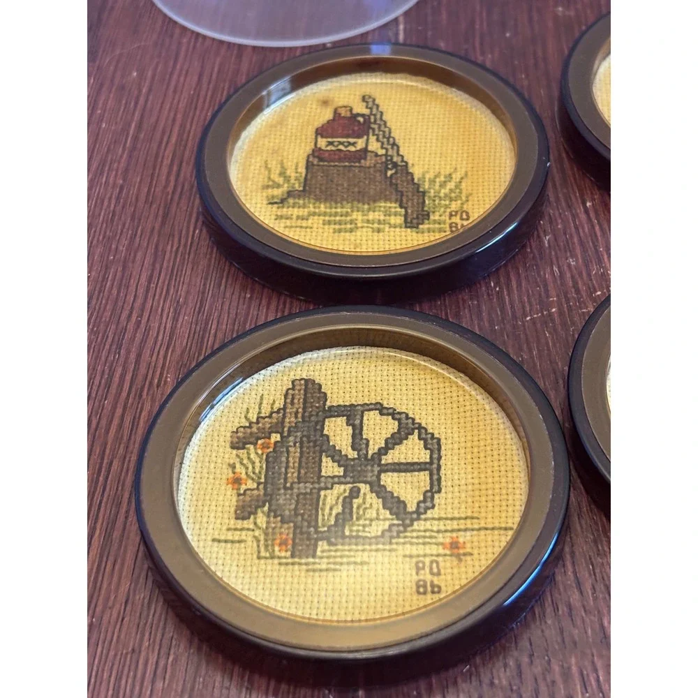 Vintage Needlepoint Coasters‎ Set of 4 Americana Outhouse Moonshine Made in USA